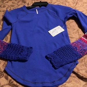 Free People Blue Long Sleeve Top with Crochet Sleeves